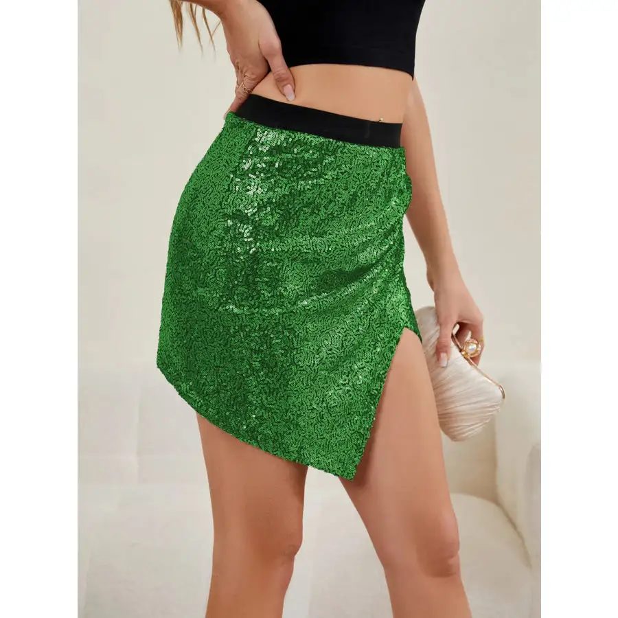 Asymmetrical Slit Sequin Skirt