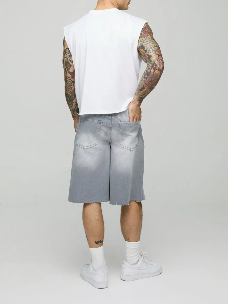 Light Grey Cotton Washed Ripped Denim Jorts Daily