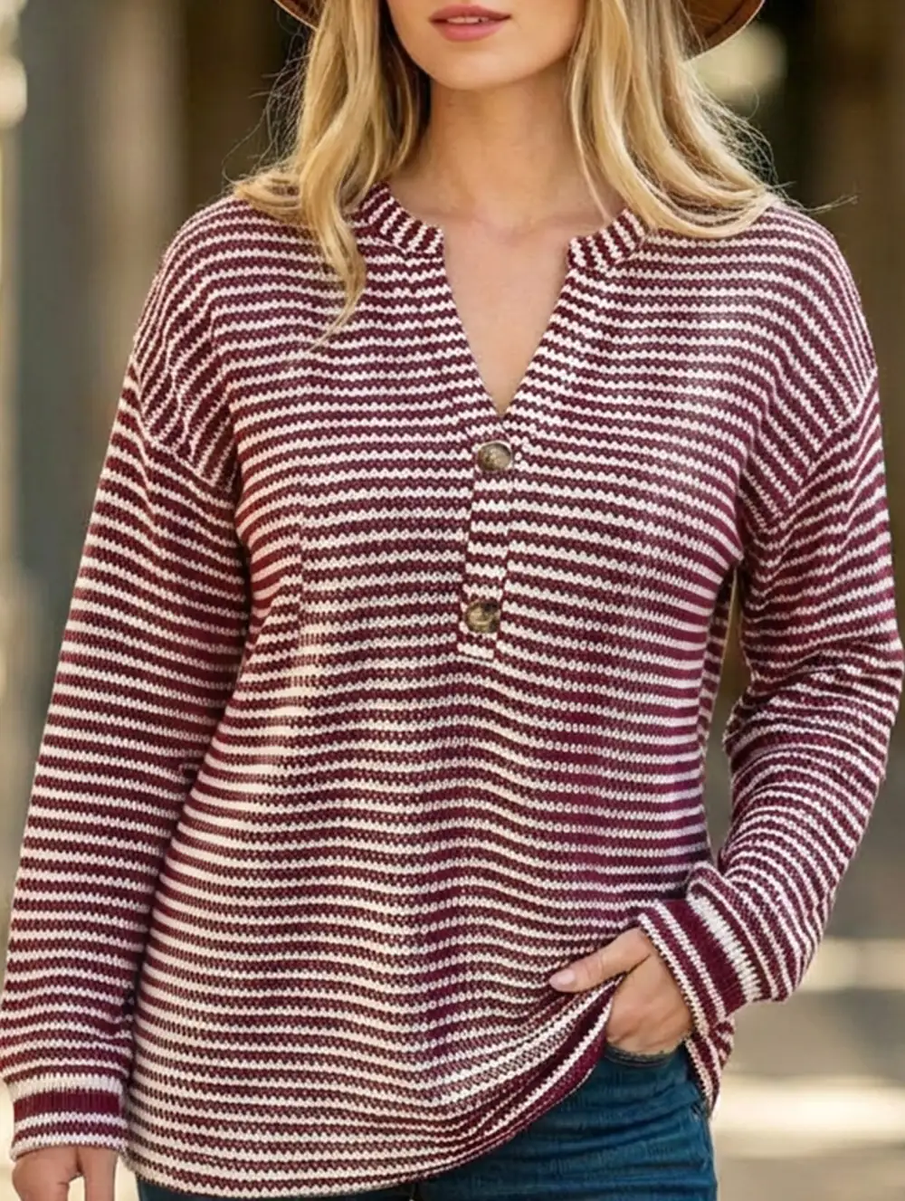 Relaxed Button Front Striped Tee