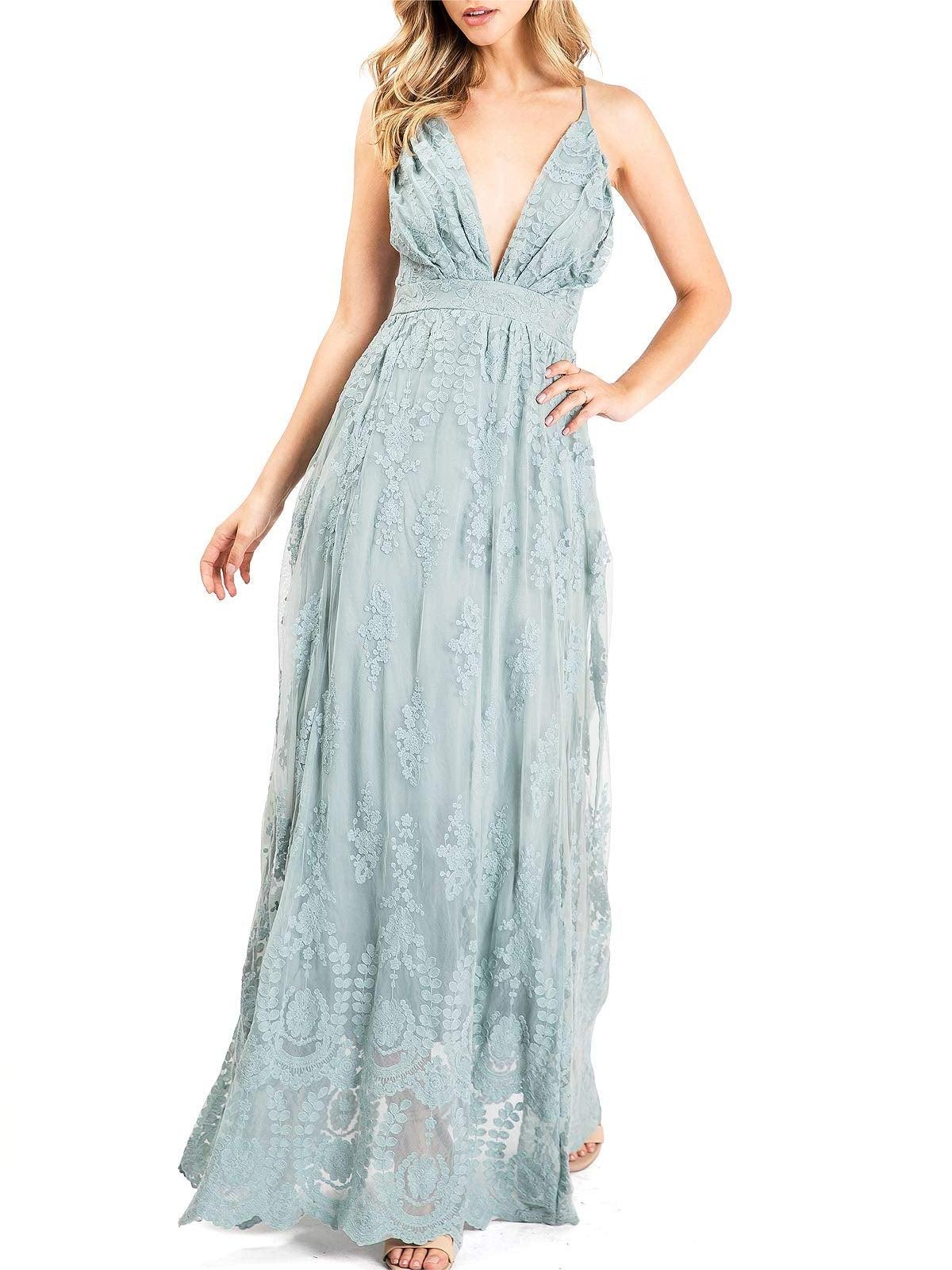 Light Blue Lace V - Neck Maxi Dress
