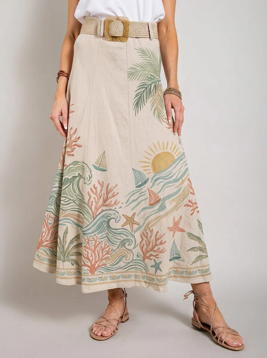 Women's Beach Vacation Tropical Ocean Printed Midi Skirt