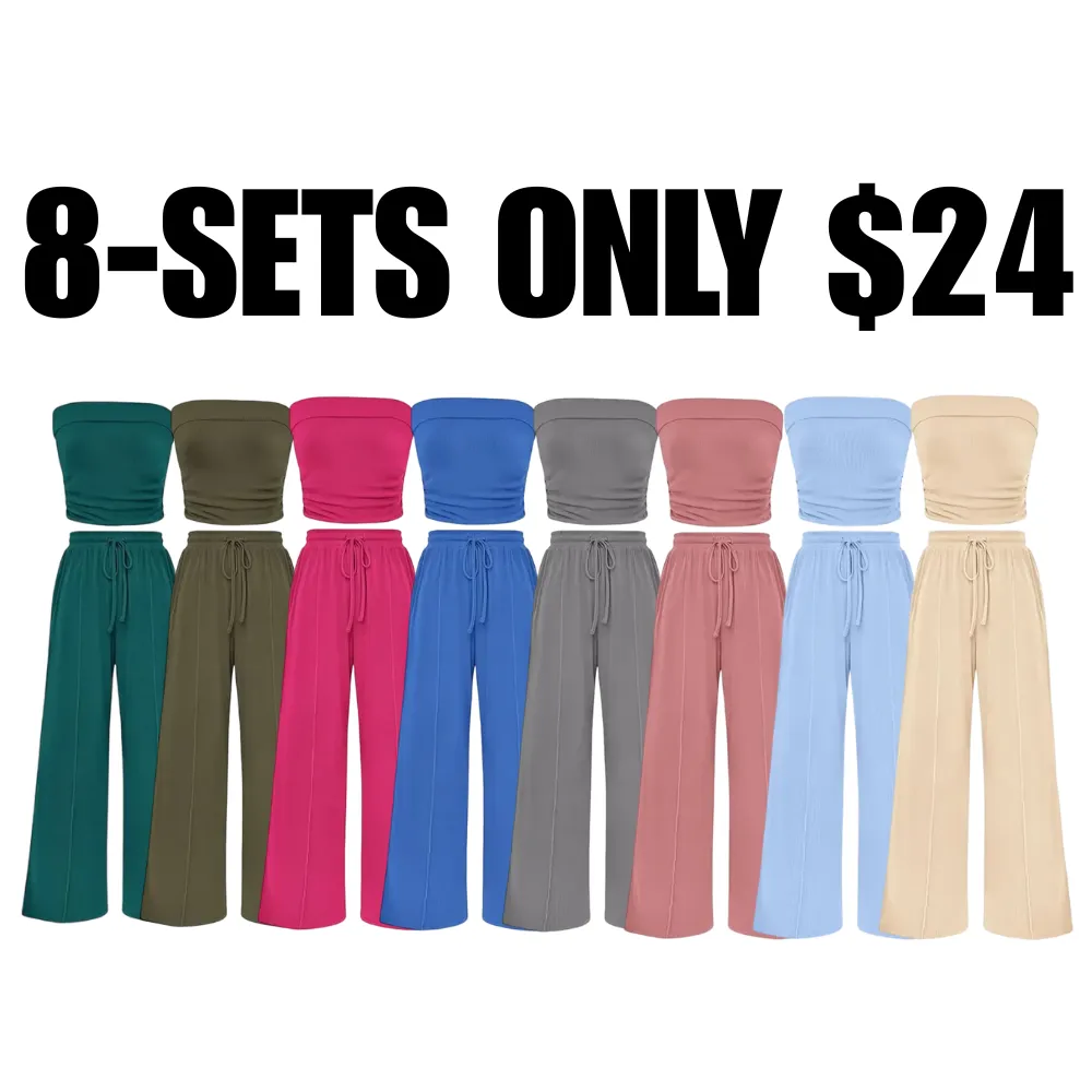 Women's Summer Outfits 2 Piece Sets Casual Ribbed Knit Crop Top & Wide Leg Pants