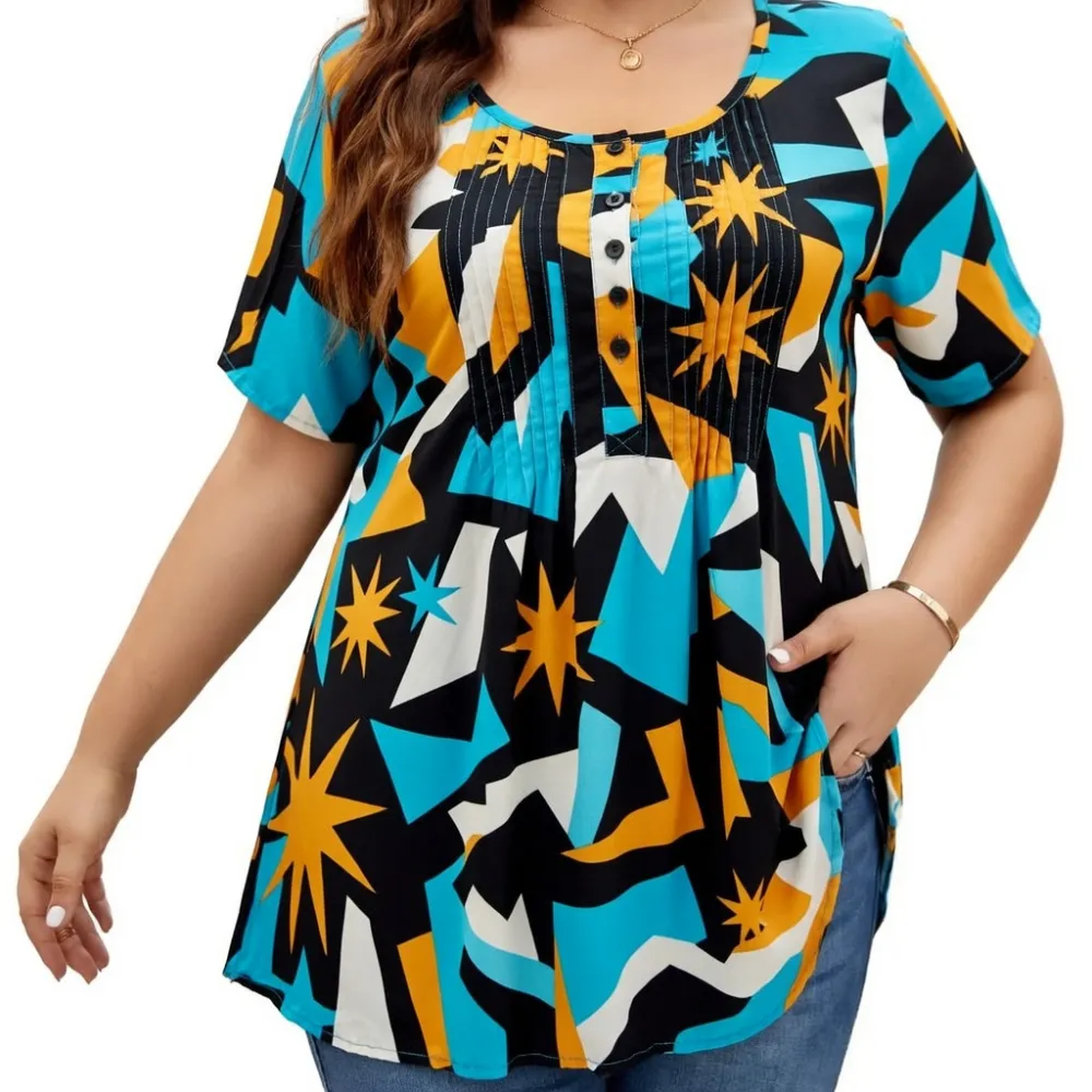 Women's Plus Size Summer Waist-Cinching Top with Round Neck and Printed Casual Short Sleeves