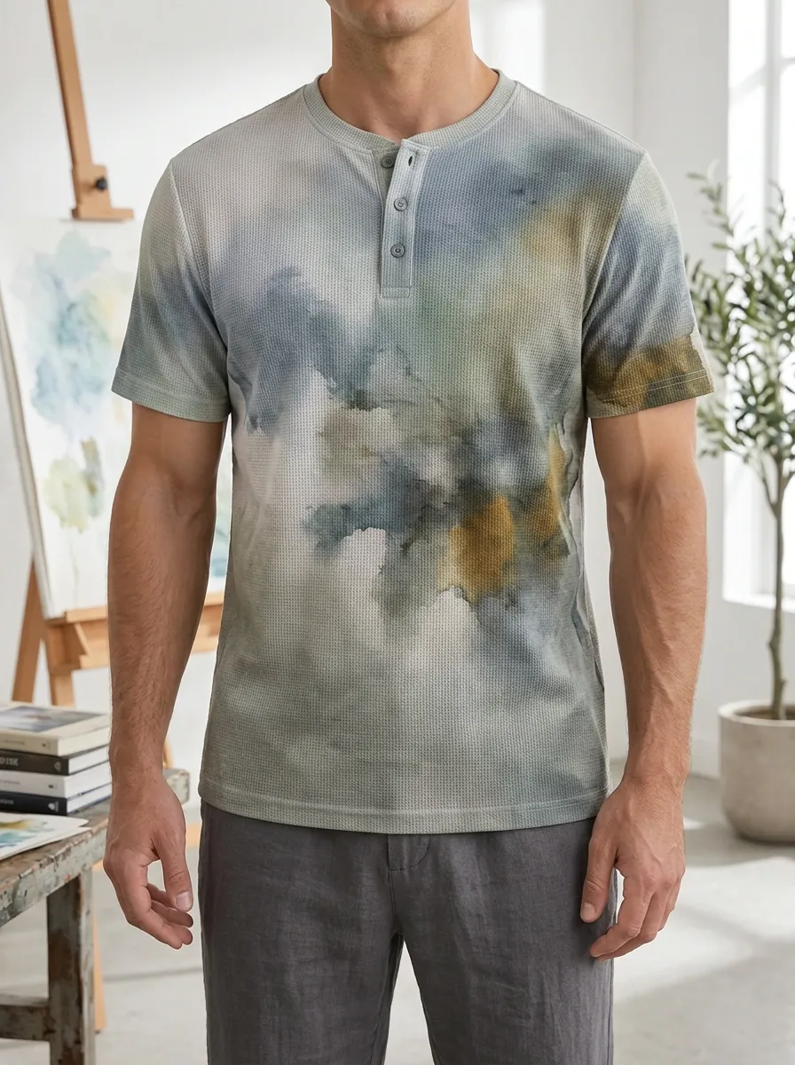Men's Abstract Watercolor Waffle Knit Printed Henley T-shirt