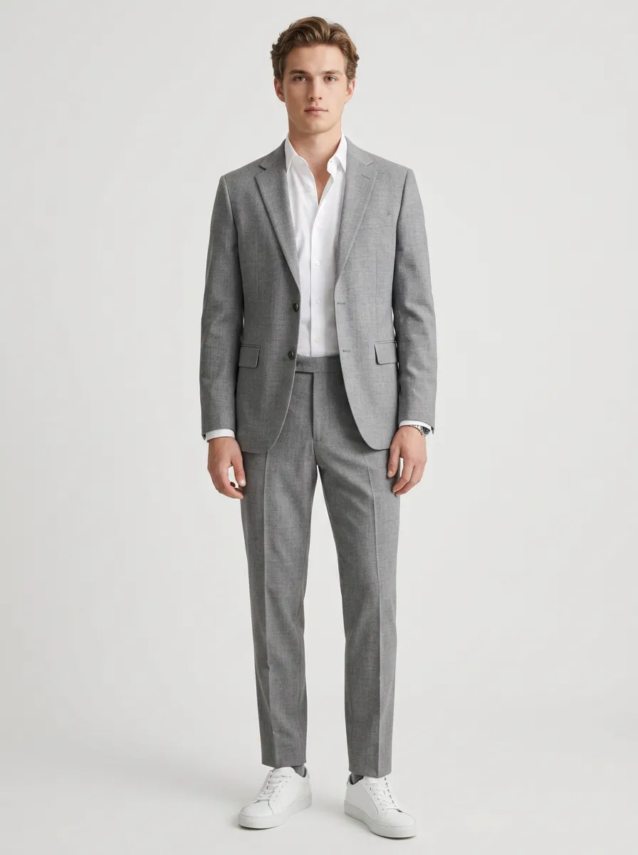 Men's Notched Lapel Business Casual Grey Solid Tailored Suit Set