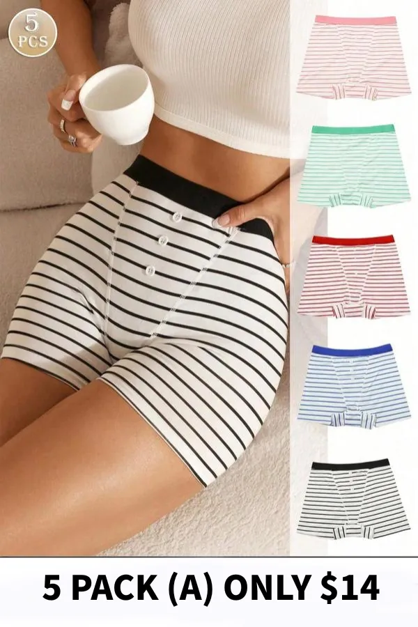 Women's Striped Print Boyshorts, Casual Comfy Breathable Panty for Daily Wear,