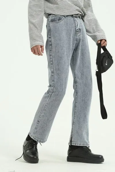 Refined Washed Side-Slit Pocketed Stretch Straight Leg Jeans