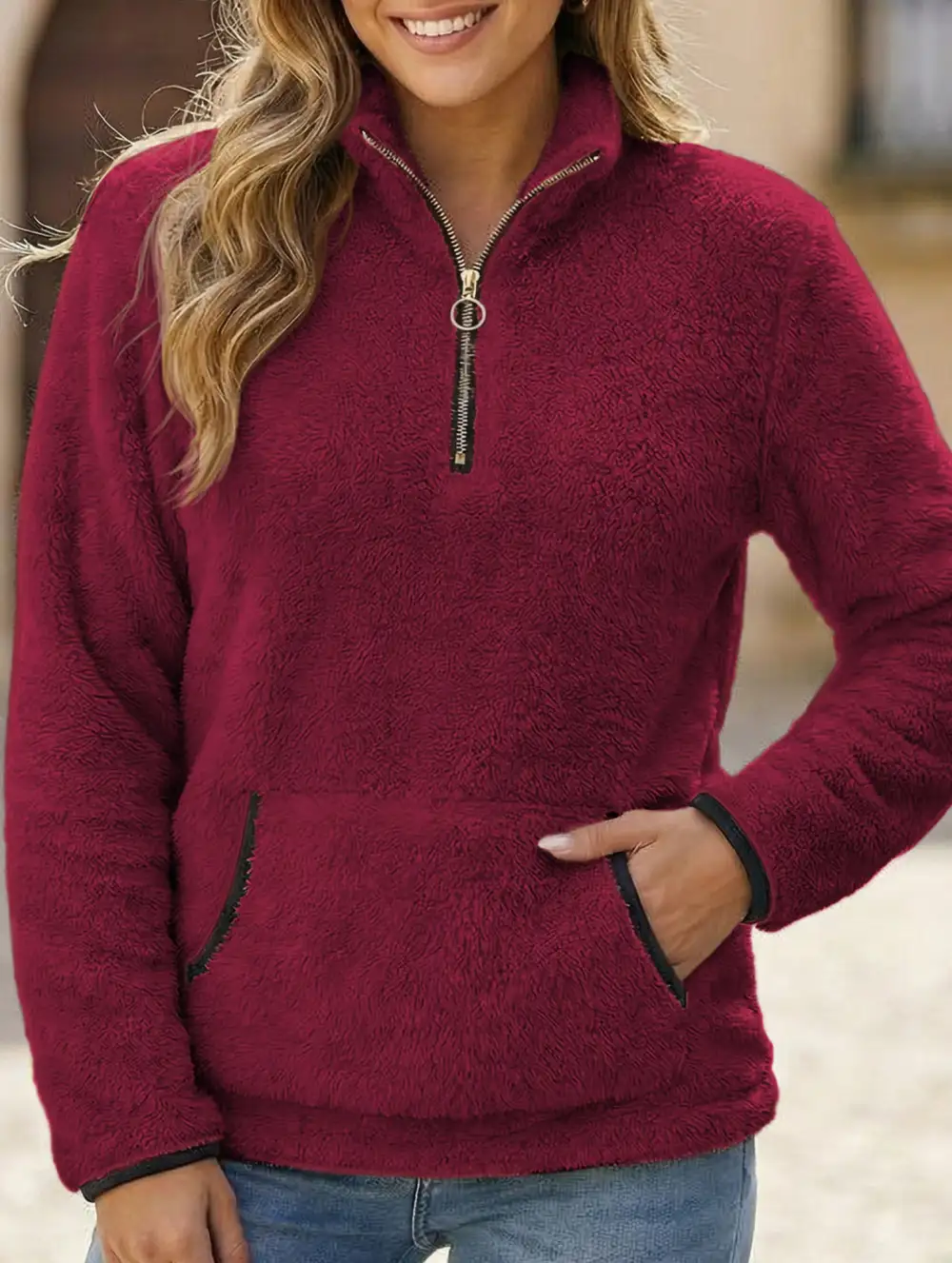 High Neck Zip Up Pocket Sweatshirt