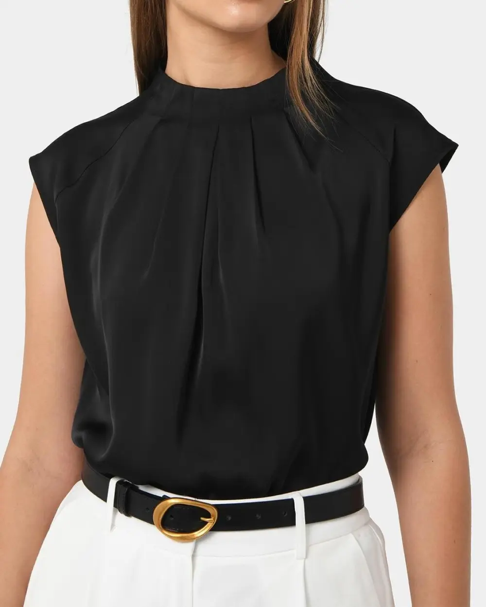 Crew Neck Pleated Satin Top