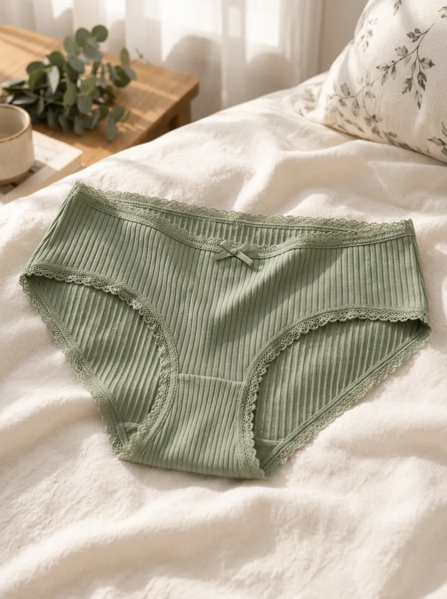 Women's Everyday Ribbed Lace Trim Bowknot Mid Rise Panties