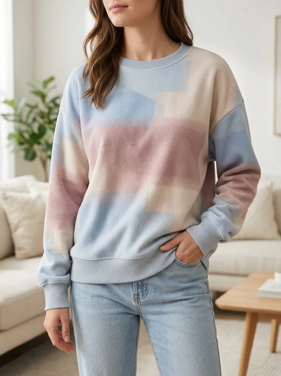 Women's Pastel Colorblock Abstract Printed Fleece Sweatshirt