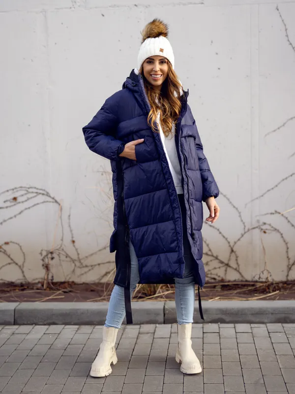 Dark blue women's long winter jacket with hood