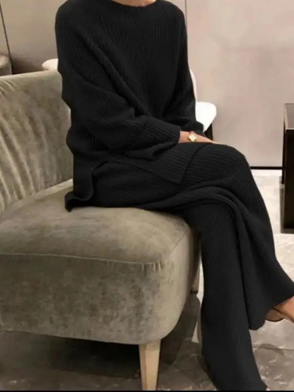 Relaxed Round Neck Side Split Sweater And Pants Set