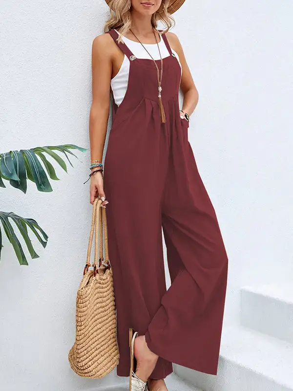 Loose Pleated Split-Joint Spaghetti-Neck Overalls