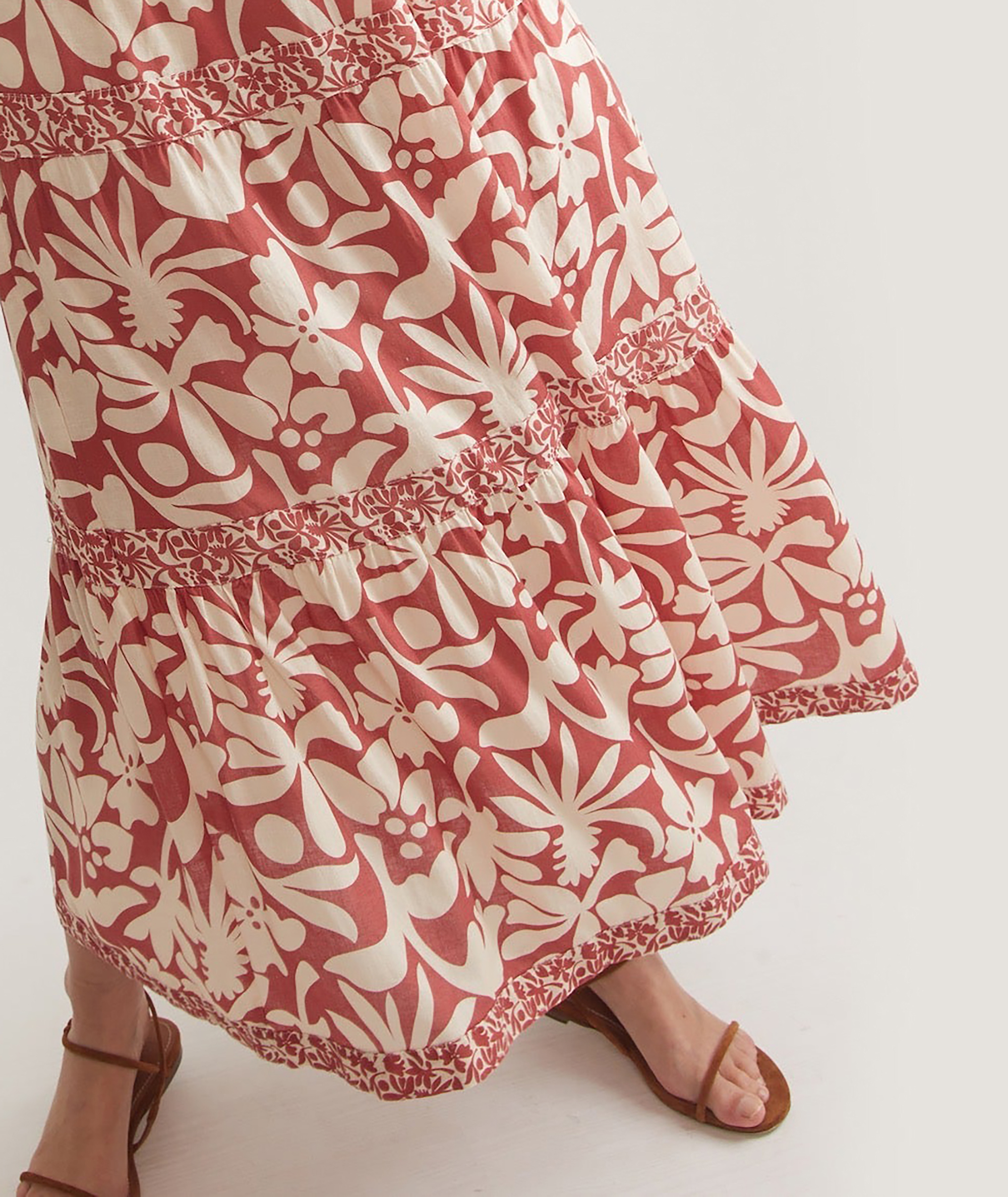 Auburn Leaf Print Tiered Maxi Dress