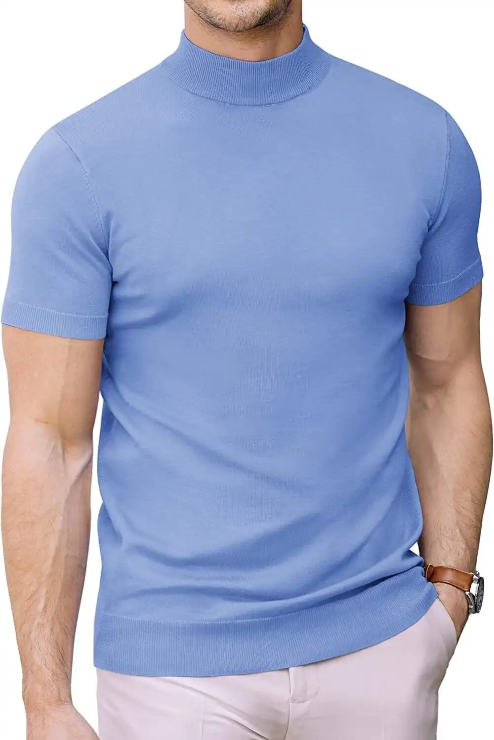 Turtleneck Basic Slim Fit Knitted Short Sleeve Shirt Sweater