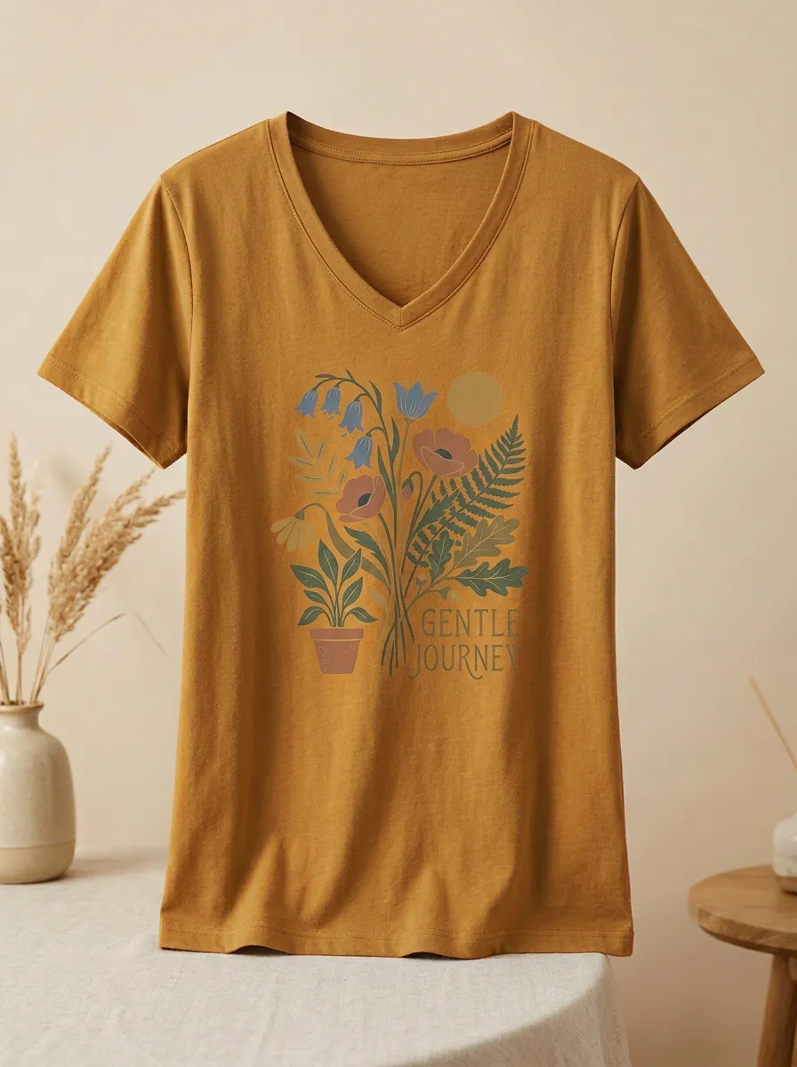Women's Gentle Journey Botanical Flower Print V-Neck T-Shirt
