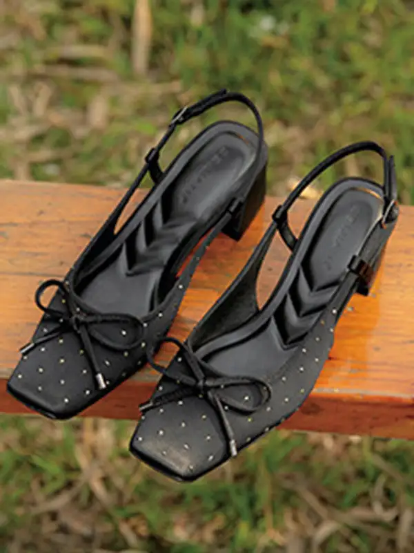 Buckle Rhinestone Panel Detail Square-Toe Slingback Heeled Sandals