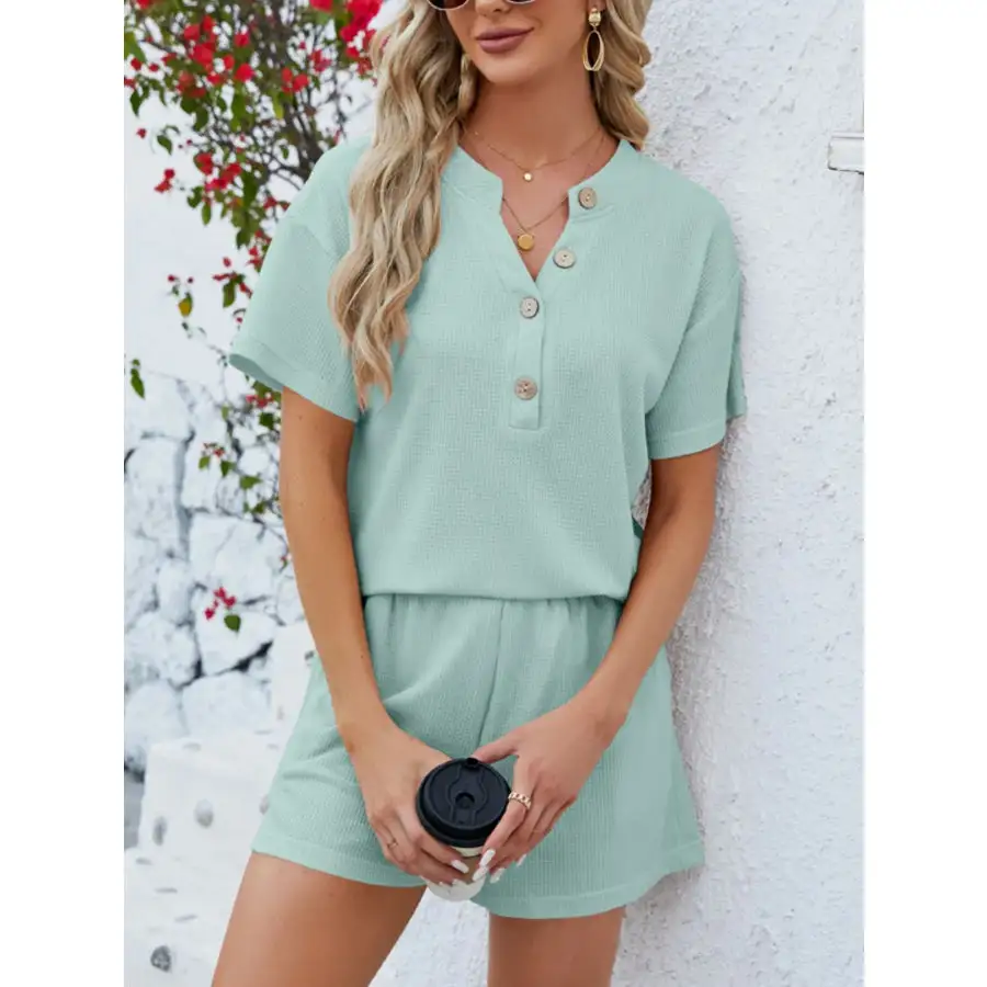 Casual Button Detail Ribbed Top and Shorts Two Piece Set