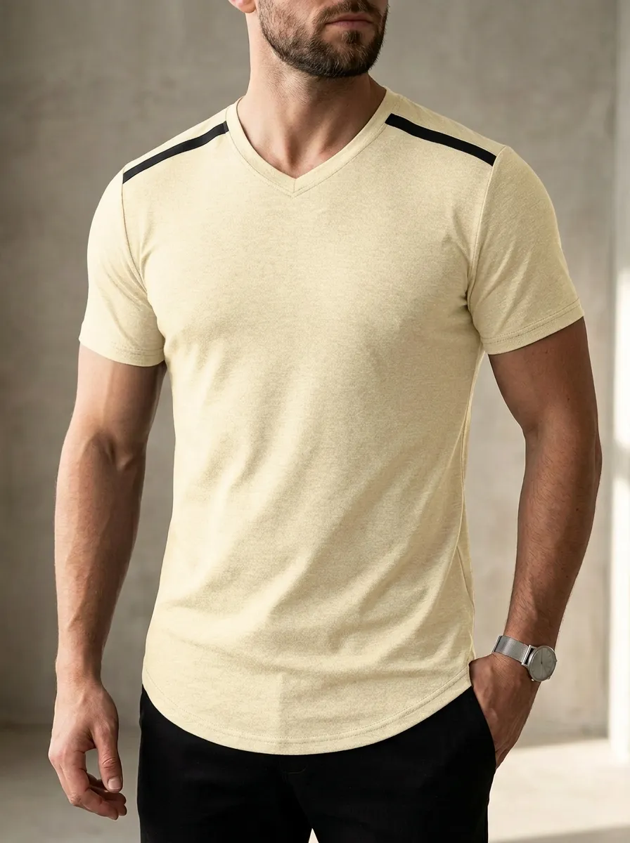 Classic Contrast Shoulder Curved Hem V-Neck Profile Men's Slim Fit Short Sleeve T-Shirt