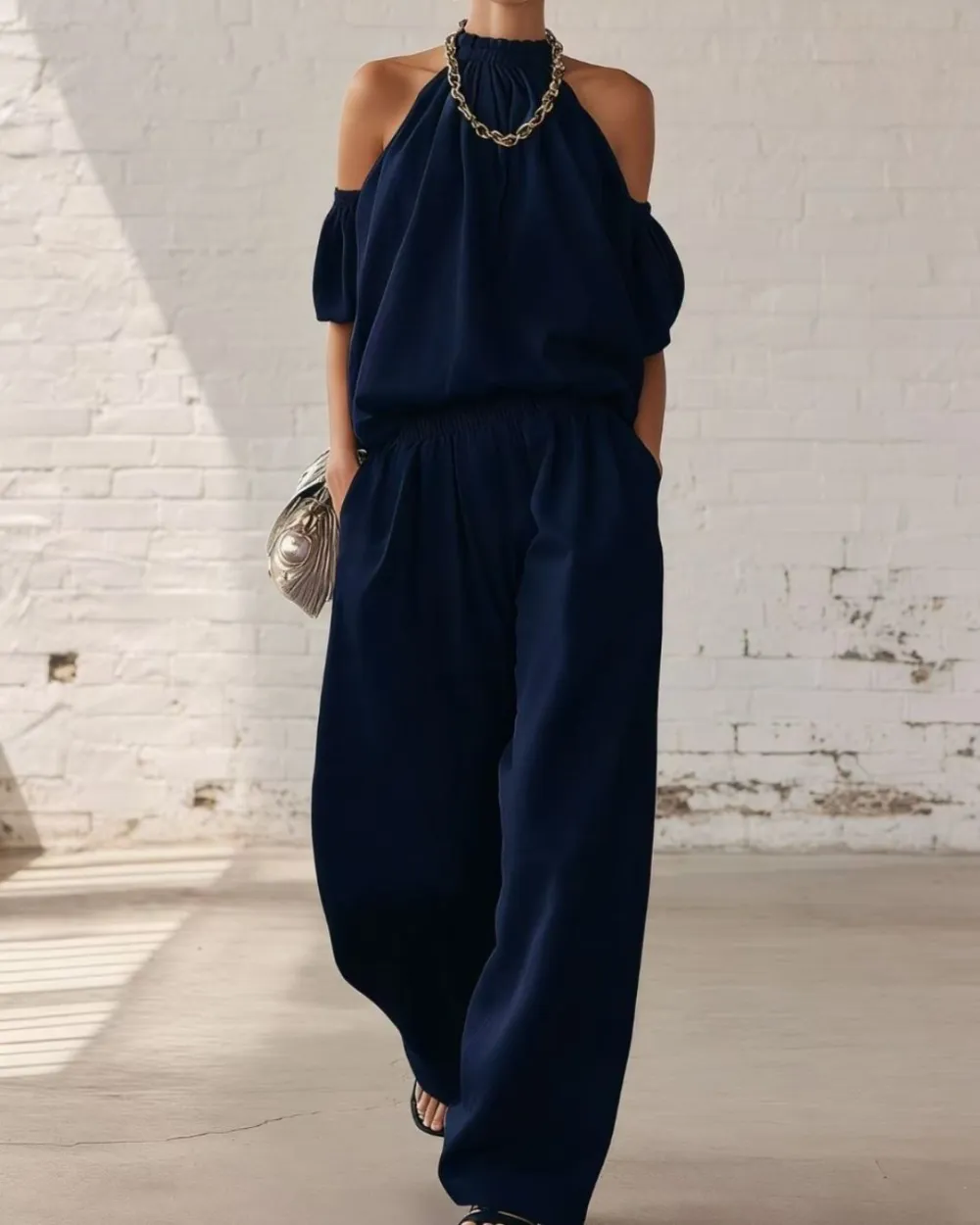 Folds and Halter Closure Casual Wide Leg Pants Set