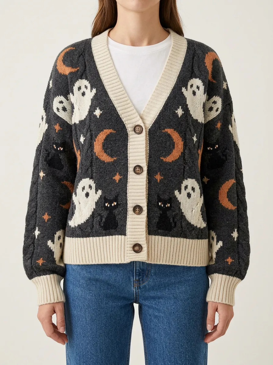 Women's Halloween Ghost Cat Moon Pattern Knit Cardigan