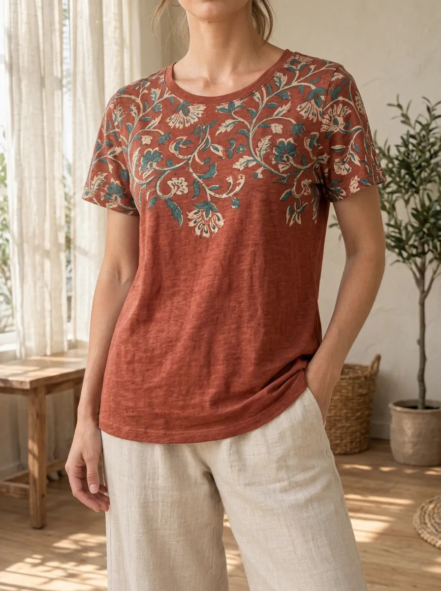 Women's Vintage Floral Pattern Printed Crew Neck T-shirt