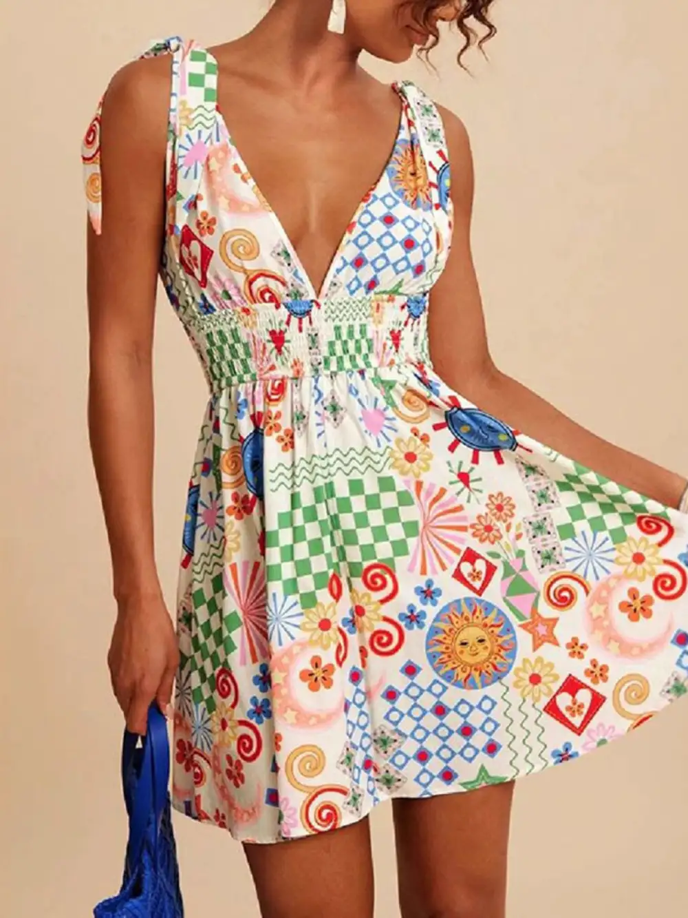Printed V Neck Smocked Mini Dress