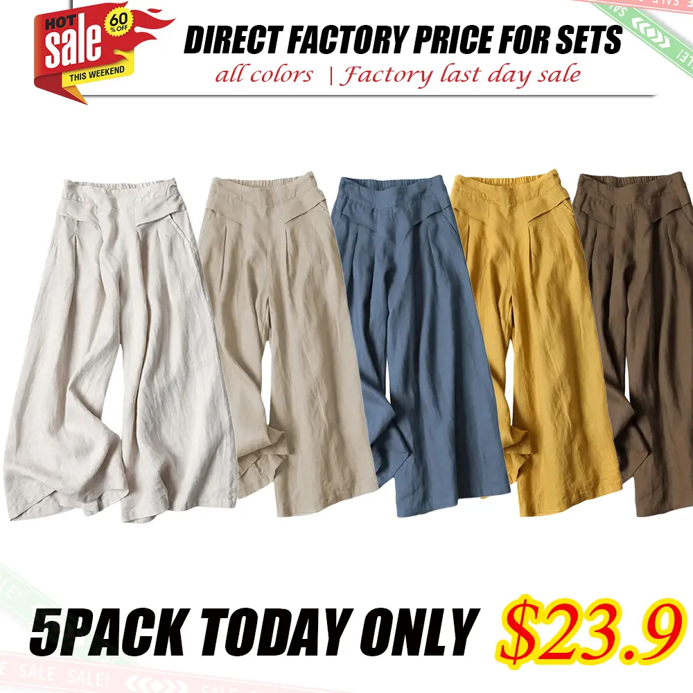 Women's Cotton and Linen Seven-Point Wide-Leg Pants