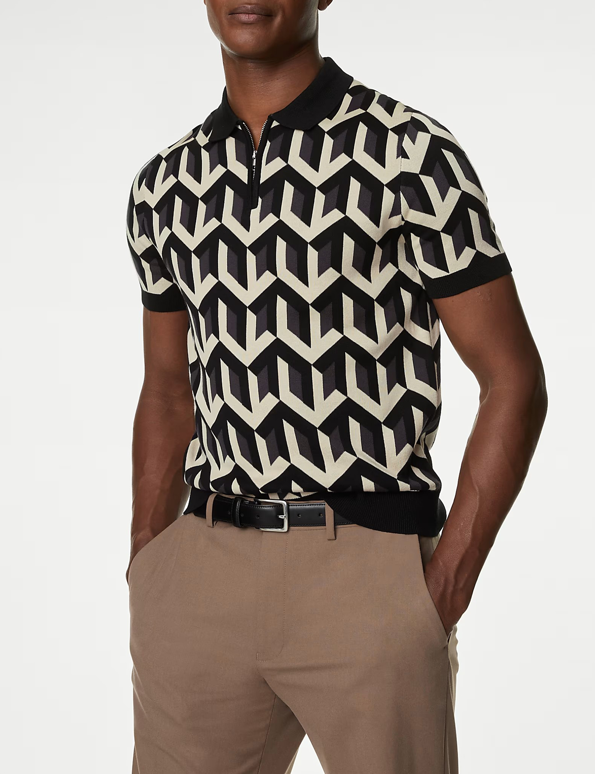 Men's Black Geometric Short Sleeve Polo Shirt