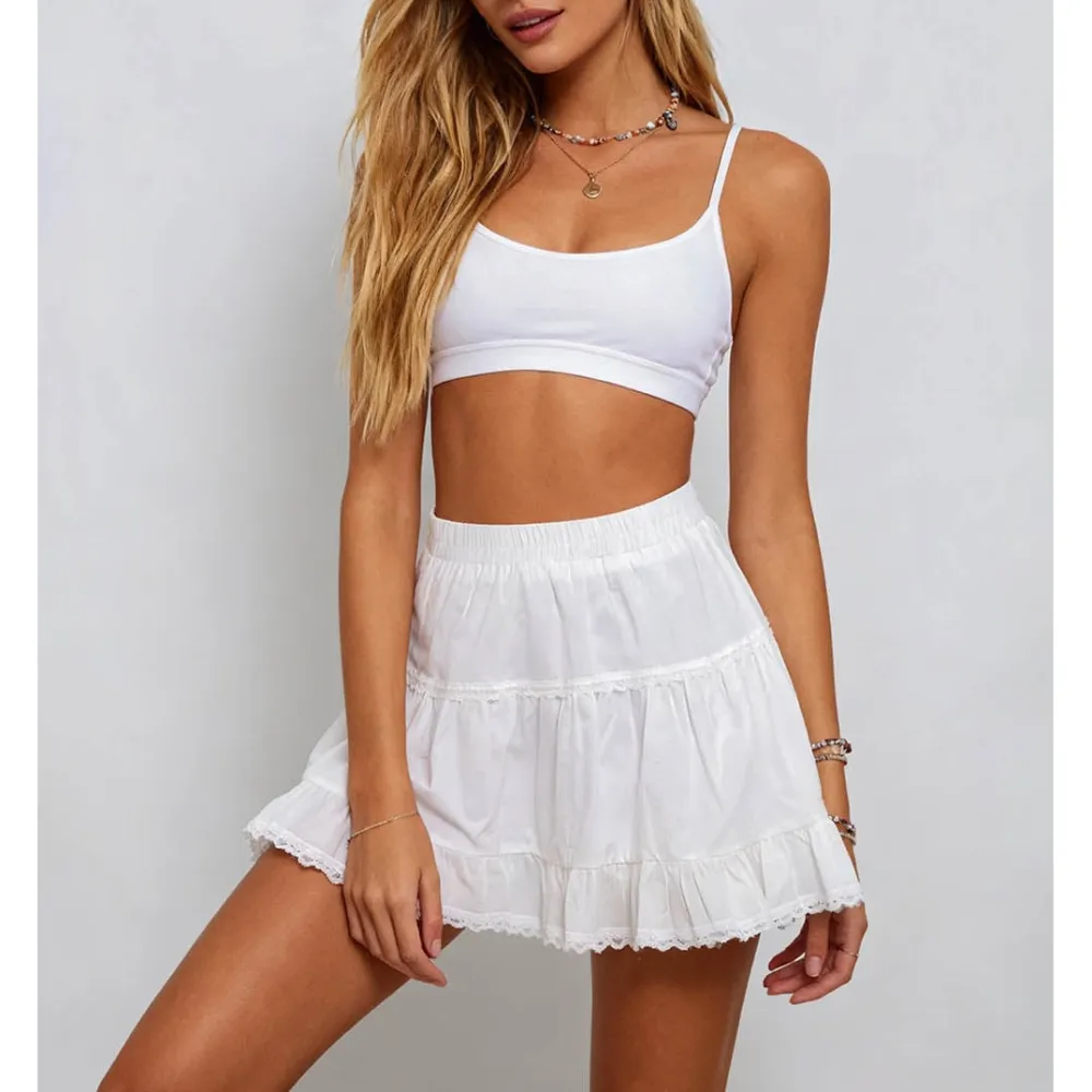 Tiered Ruffle Lace Trim Elastic Waist Mini Skirt