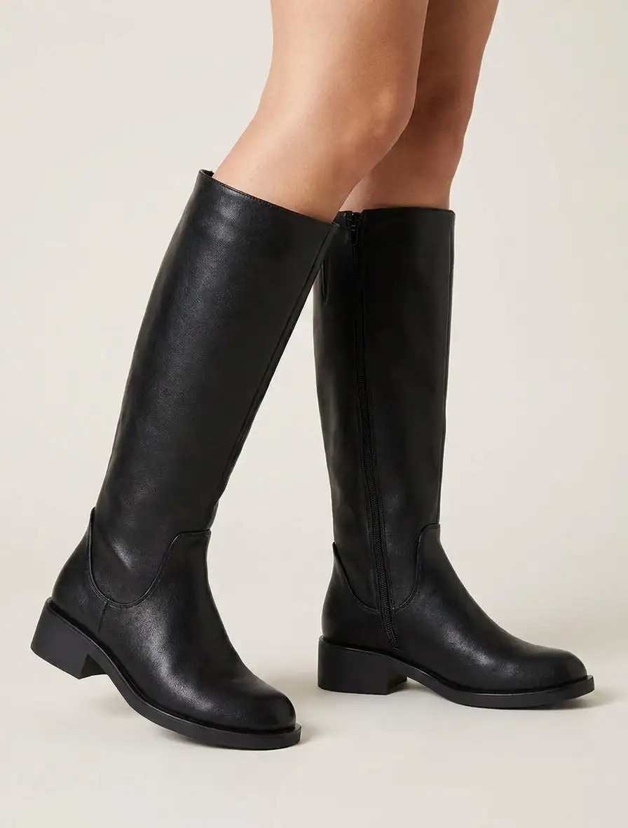 Everyday Block Heel Faux Leather Flat Sole Knee High Boots