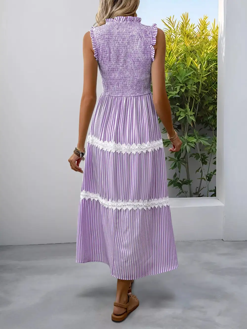 Gathered Detail Striped Lace Smocked Midi Dress