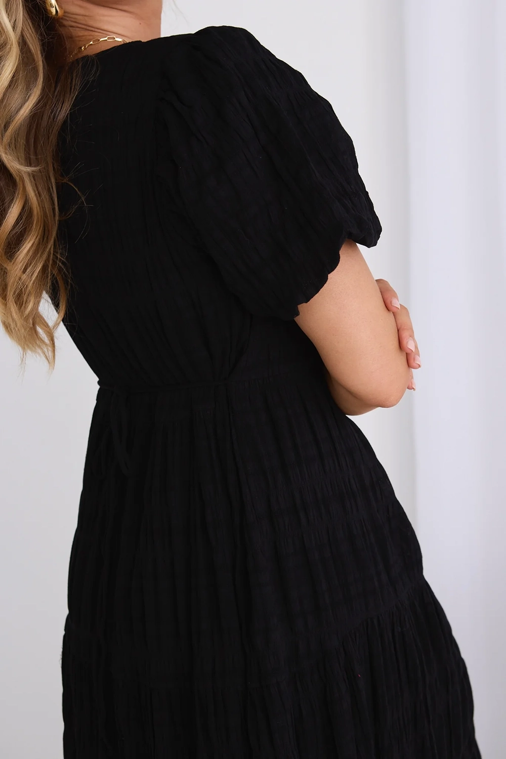 Black Shirred Cotton Bubble Sleeve Dress