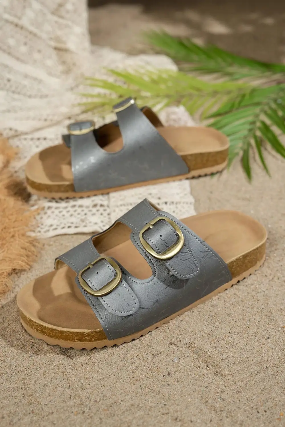 Metallic Accent Double Buckle Cutout Flat Sandals