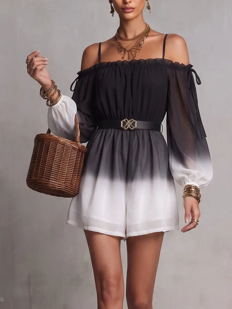 Long Sleeves Puff Backless Contrast Color Gradient No