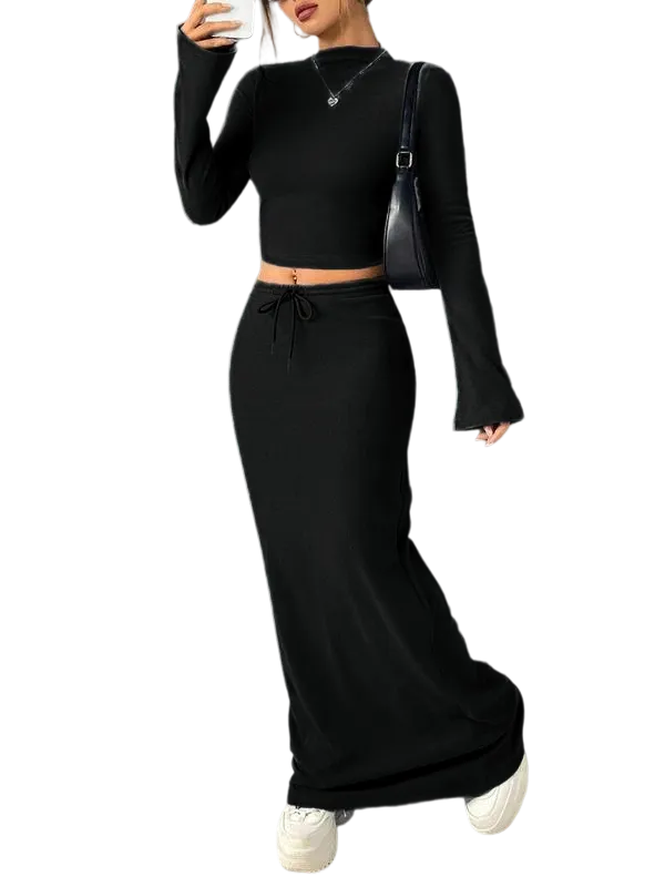 Women's Solid Flounce Sleeve Crop Tee & Skirt Two-piece Set for Daily Outdoor Wear, Women's Clothing for Spring & Fall
