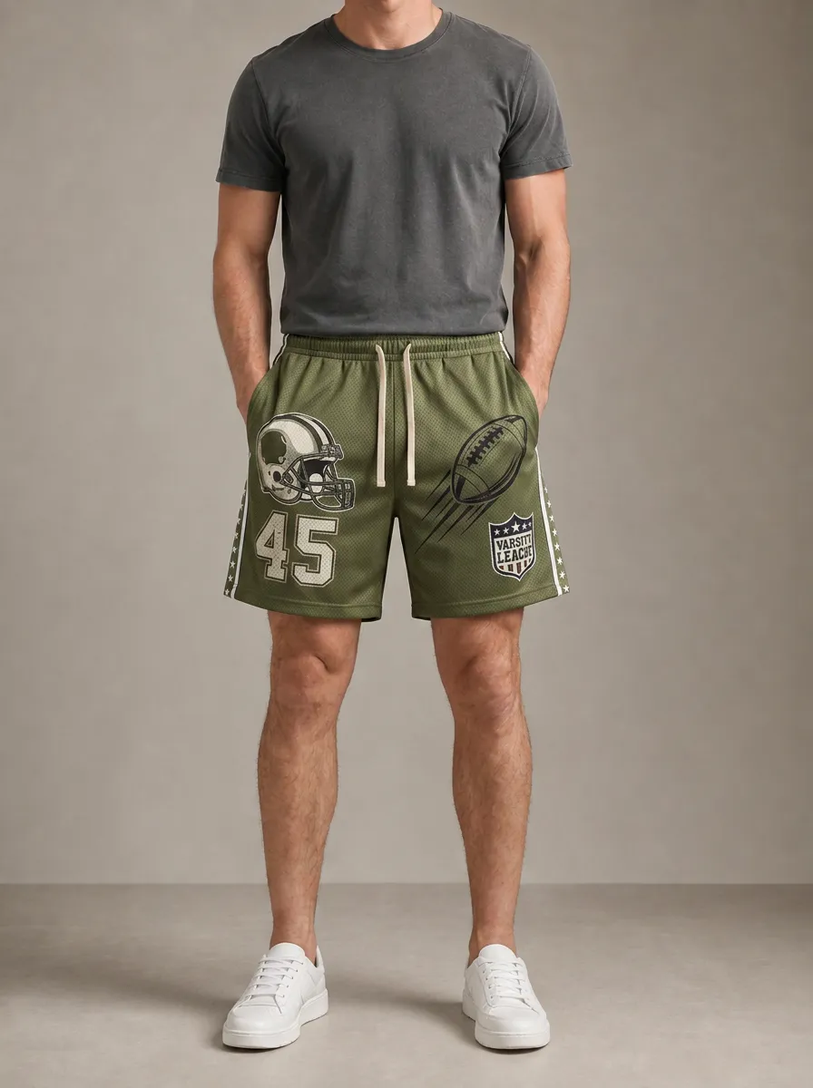 Men's American Football Varsity League Helmet Printed Mesh Shorts