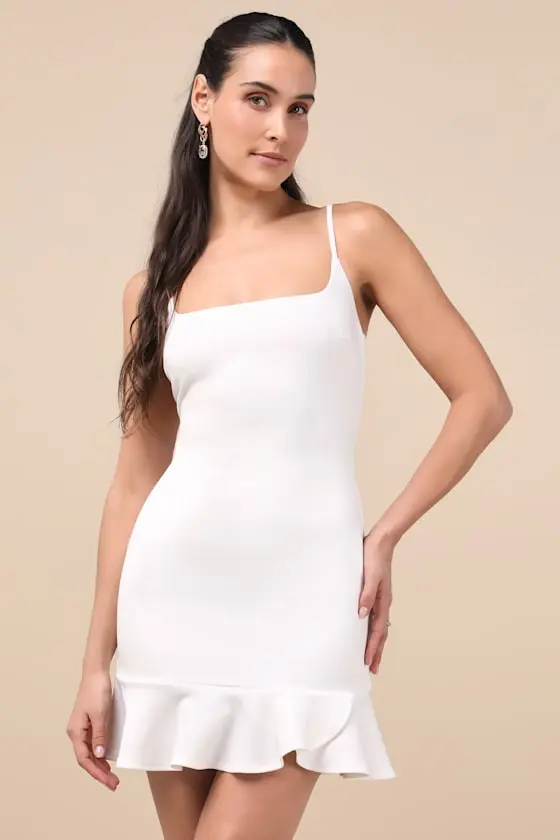 Compelling Composure White Sleeveless Ruffled Bodycon Mini Dress