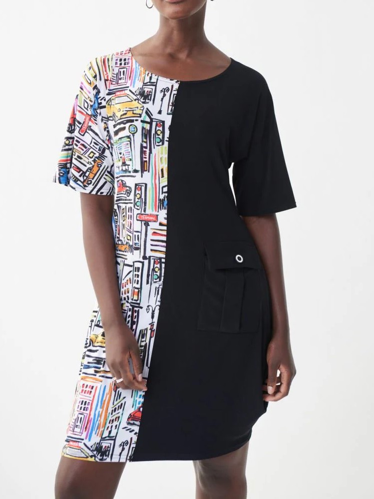 Black and Multi - Print Asymmetric Dress