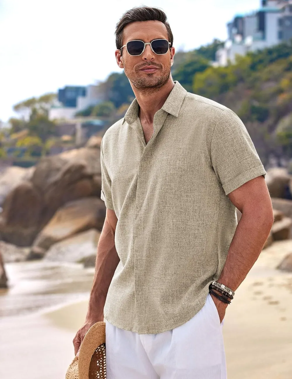 Men's Linen Shirts Short Sleeve Casual Shirts Button Down Shirt for Men Beach Summer Wedding Shirt