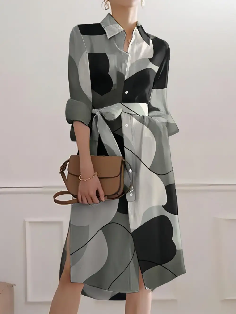 Geometric Print Split Hem Button Dress