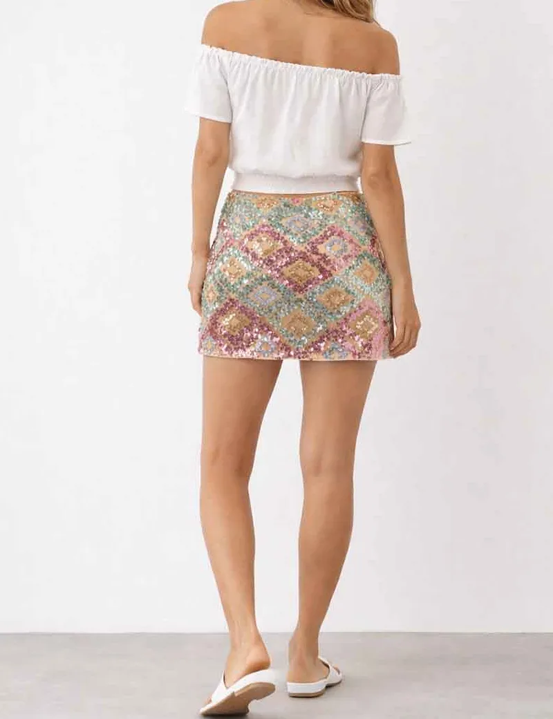 Boho Colorful Geometric Pattern Sequin Mini Skirt