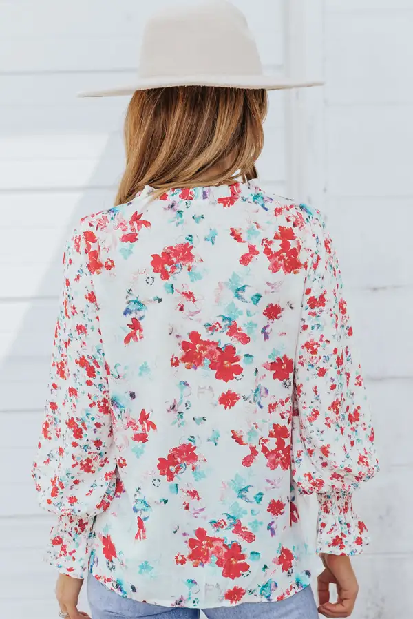 Fiery Red Cakewalk Floral Smocked Blouse
