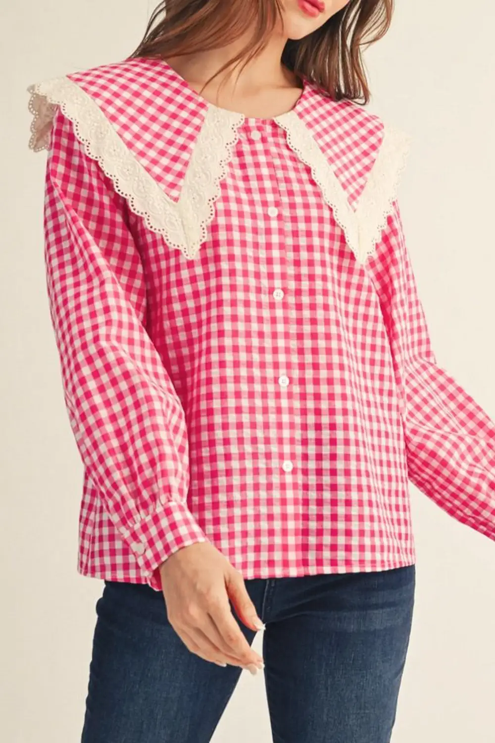Gingham Lace Button Down Collared Shirt