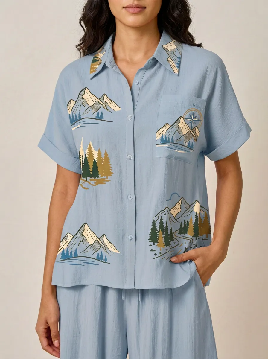 Women's Outdoor Adventure Mountain Forest Compass Printed Shirt