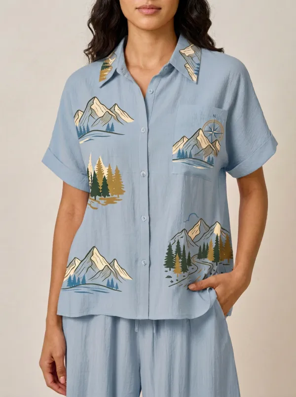 Women's Outdoor Adventure Mountain Forest Compass Printed Shirt