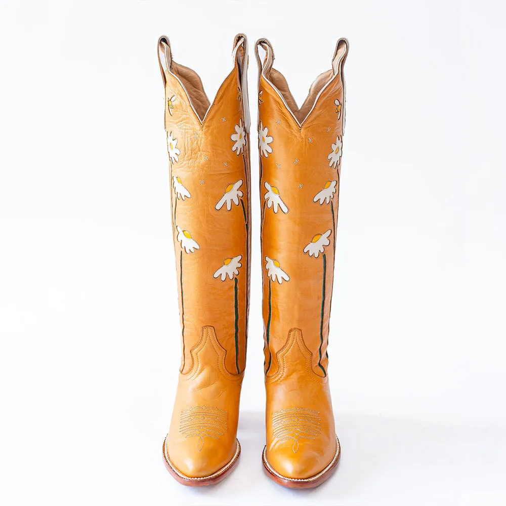 Faux-Leather Floral Chunky-Heel Platform Mid-Calf Boots