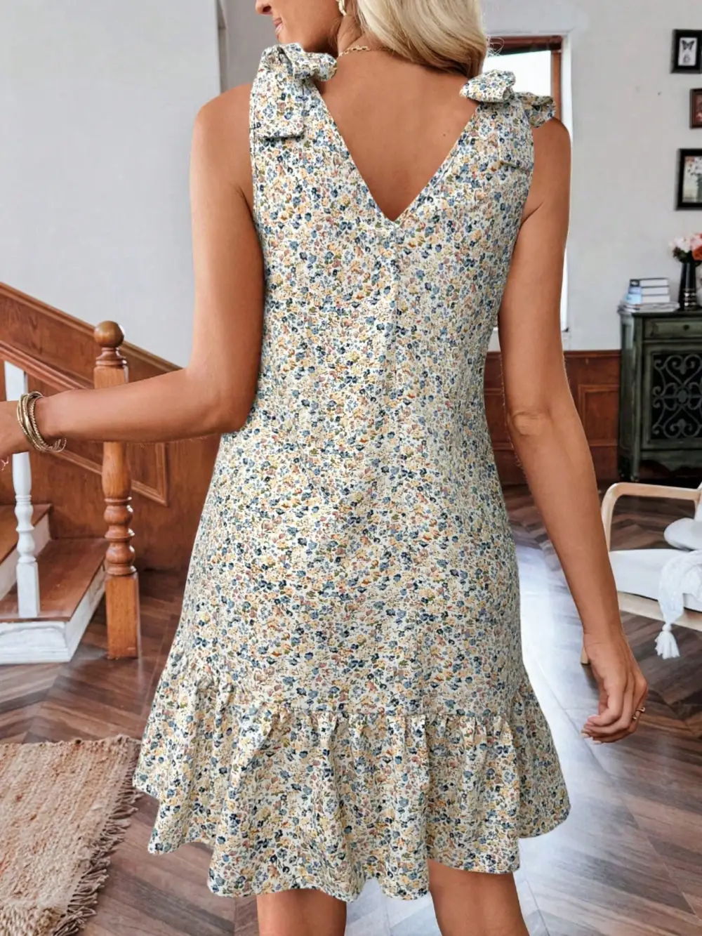 Print Tie Strap Ruffle Hem Mini Dress