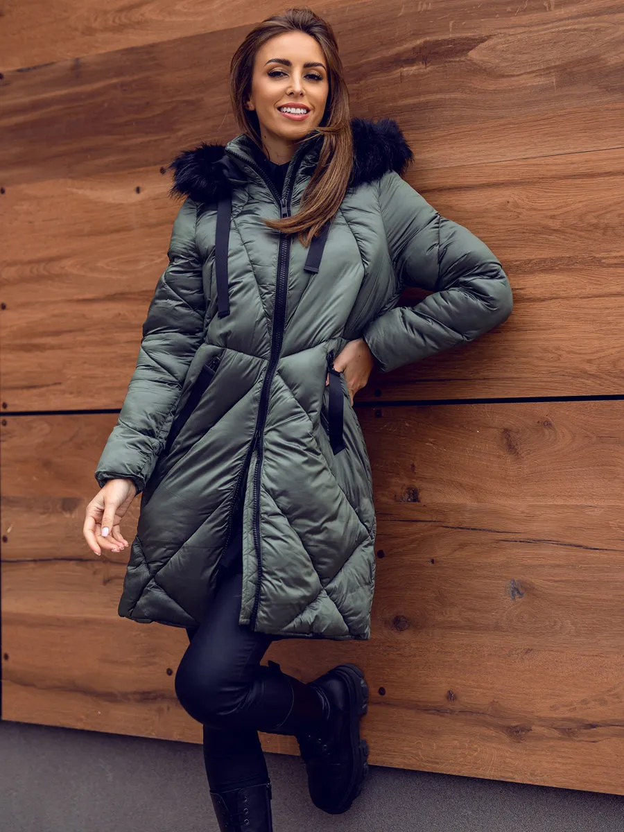 women's green quilted winter jacket with hood